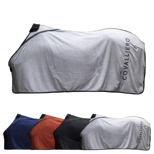 Covalliero - Fleecedecke – Pferde Abschwitzdecke – Decke mit Widerristpolster aus Fell, Kreuzgurten, Brustschnalle & Schweifriemen – atmungsaktive Pferdedecke in Steel Grey – Größe 135cm