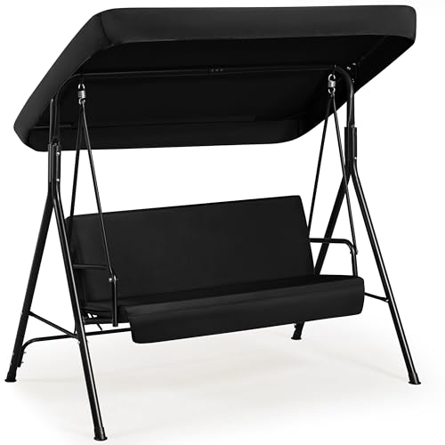 Yaheetech Schaukelbank Hollywoodschaukel 3-Sitzer Gartenschaukel mit Sonnendach Hängeschaukel mit Verstellbarem Ersatzbach bis 250 kg Belastbar Schwarz