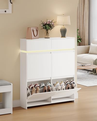 Hzuaneri Schuhschrank mit 4 Klappen, Schuhkipper Schmal mit LED-Leuchten, Schuhregal, Verstellbare Regalböden, 20 Paar, 100 x 24 x 119 cm, Schuhaufbewahrung für Eingang, Flur, Weiß SR53603XEU