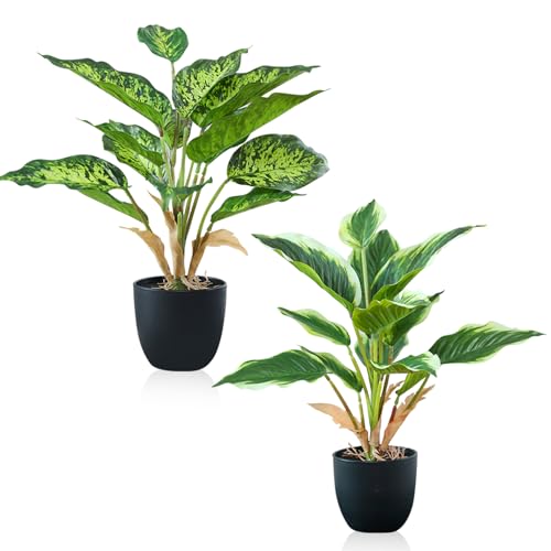 Cexovo 2 Stück Kunstpflanze Wie Echt,Künstliche Pflanzen im Topf,Monstera Kunstpflanzen,Fake Plant,Zimmerpflanzen,Dekopflanze Plastik Pflanze Deko Gefleckte+Gelb umrandete 37CM für Schlafzimmer Büro