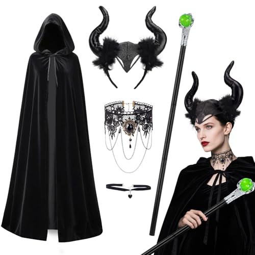 Halloween Kostüm Damen Set - 5er - Malefiecent Kostüm Umhang mit Kapuze & Kopfschmuck Hörner & Malefiecent Zauberstäbe & Gothic Spitzenhalskette,140cm Teufel Umhang Devil Costume Karneval Cosplay