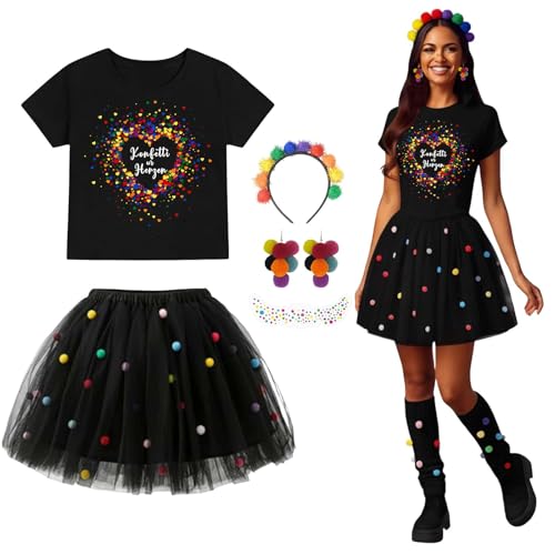 Konfetti Kostüm Damen, Konfetti im Herzen 5pcs Karneval Kostüm Damen mit Herz Druck T-Shirt, Tüllrock, Haarreif, Ohrringe, Gesichtsaufkleber Faschingskostüm Karneval Kostüme Erwachsene Outfit 2026