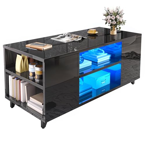 YITAHOME Couchtisch Schwarz Hochglanz, Modern Wohnzimmertisch mit 16-Farbiger LED Beleuchtung Sofa Beistelltisch mit Verstellbarem Regal, 97,5 x 48 x 45 cm
