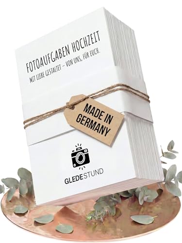 GLEDESTUND® Fotoaufgaben Hochzeit – 100 Karten mit 90 kreativen Aufgaben + 10 Blanko-Karten, nachhaltig produziert und in modernem, schlichtem Design | Perfektes Hochzeitsspiel für Gäste