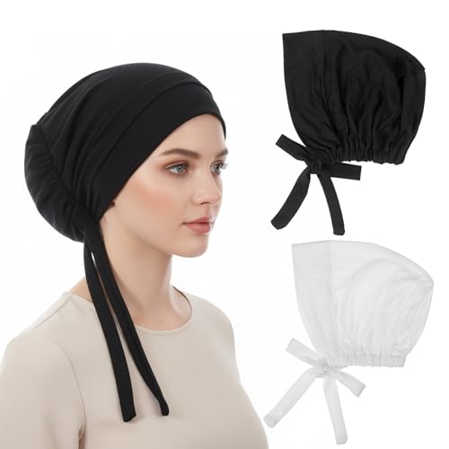 Sorcristy 2-teiliges Baumwoll-Kopftuch-Set für Damen, inklusive Unter-Hijab-Mütze, Innentuch, Turban mit Bindebändern, Kopftücher zum Überziehen, ideal für Mützen, elastische Haarbänder