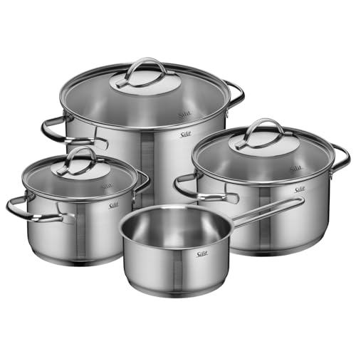 Silit Achat Topfset Induktion 4-teilig, Kochtopf Set mit Glasdeckel, Edelstahl teilmattiert, Induktions Töpfe Set unbeschichtet