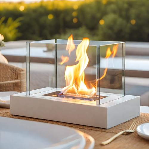 JHY DESIGN Weiß 35cm Windlicht Tischkamin Feuerschale aus Metall und Glas