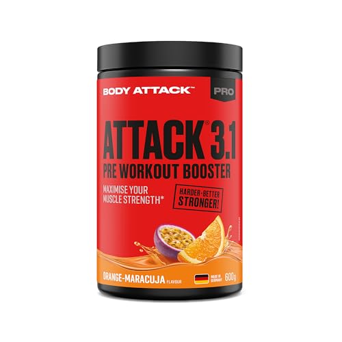 Body Attack Pre Workout Booster – Orange Maracuja, 600 g - Hochdosierter Pre Workout Booster mit Koffein, L-Arginin, Taurin & Creatin - für Bodybuilding & intensives Training