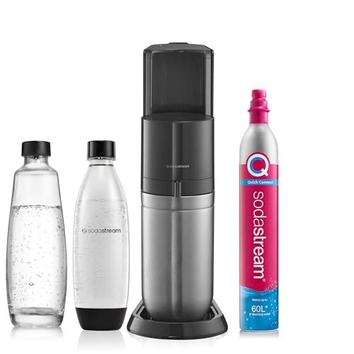 SodaStream Duo Sprudelmaschine, mit 1 Liter wiederverwendbarer BPA-freier Kunststoff-Wasserflasche, 1 L Glaskaraffe zum Karbonisieren und 60 Liter CO2-Gasflasche mit Schnellanschluss, Schwarz
