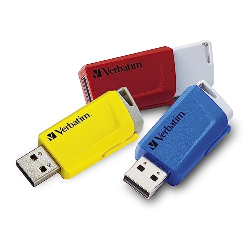 Verbatim Store 'n' Click USB-Stick 3x, USB 3.2 Gen 1, 16GB, Speicherstick mit Verriegelungsmechanismus, USB-3, externer Speicher für Laptop Notebook & Co, bis 5 Gbit/s, rot blau gelb