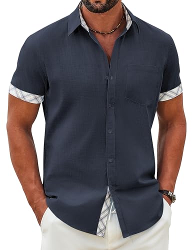 COOFANDY Herren Hemd Kurzarm Freizeithemd Baumwolle Sommerhemd Casual Strand Hemden mit Brusttasche Dunkelblau XL