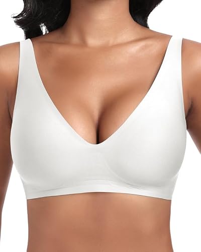 Jiuday Tiefer V Push Up BH Damen ohne Bügel Bequemer Jelly BH für Große Brüste Starker Halt Seamless Soft Bra Bügelloser Gepolstert Glatter Nahtloser Bralette (#1 Weiß,S)