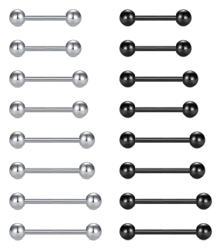 FECTAS 16stk Zungenpiercing Set 14G Chirurgenstahl Piercing Zunge Tongue 12/14/16/18mm Silber Schwarz