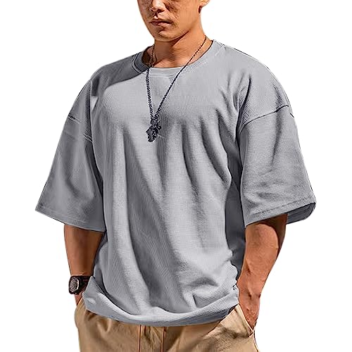 Herren Kurzarm-Waffelstrick-Sweatshirt Loose Fit Workout Shirt, Grau, L