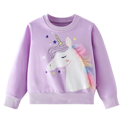 Pilipulu Sweatshirt Mädchen Pullover Kinder Mädchen Baumwolle Langarmshirt Einhorn Häschen Warm Tops 2-8 Jahre, Einhorn/Lila, 122