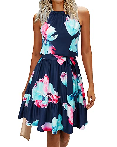 Newshows Sommerkleid Damen Knielang Elegant Kleid Neckholder Sommer Ärmellos Freizeitkleider mit Taschen(Floral-3, M)