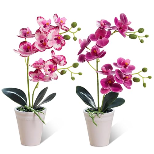 Vaskula Orchideen künstlich 2 Stück Künstliche Orchideen im Topf 40cm Kunstblumen wie Echt Phalaenopsis Dekoblume Inklusive Töpfe Pflegeleicht für Wohnzimmer Büro Deko（Lila/Rosenrot）