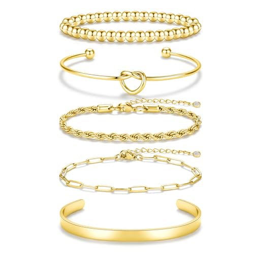 5 Stück Armband Damen Gold 14 Karat Vergolde Edelstahl Stapelbar Manschette Armbänder Armkette, Verstellbar Perlen Büroklammer Kubanische Ketten Gold Armbänder Set Stapelarmbänder Schmuck (Gold)