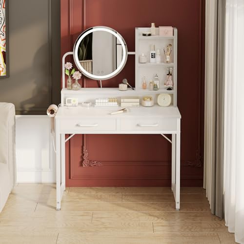 ODK Schminktisch mit LED-Lichtern, Verstellbare Helligkeit & Höhenverstellbar für 120-180 cm, 2 Fabric Drawers & Stool, 80×40×136cm, Weiß+Weiß