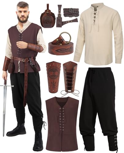 Renaissance Kostüm Herren Mittelalter Kostüm Männer Mittelalter Kleidung Wikinger Viking Kostüm Set Viktorian Hemd Hose Weste Piraten Schnürhemd Halloween Fasching Costume Erwachsener C051L