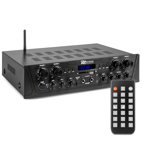 Power Dynamics PV240BT - 4 Kanal Stereo Verstärker Bluetooth, 400 Watt Amplifier Hifi Receiver, Fernbedienung, FM Radio, USB, SD, MP3, 2x Mikrofon Anschlüsse mit Echo, Talkover Funktion - Schwarz