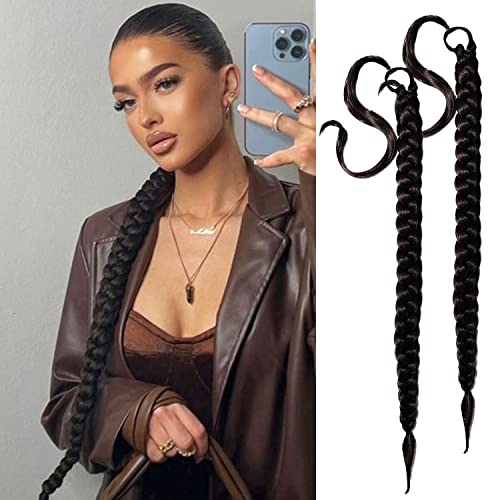 2 Pcs 30zoll Black Braid Extensions Pferdeschwanz Verlängerung mit Haargummi 76cm Lange Geflochtener Ponytail Verlängerung Natürliches Haarverlängerung Synthetisches Zopf Haarteil für Damen