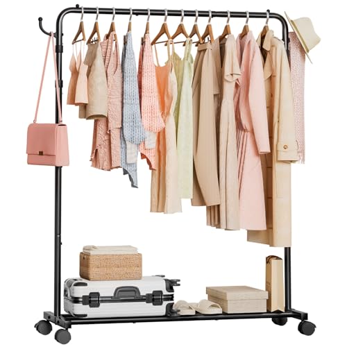 Yorbay Multifunktioneller Höhenverstellbarer Kleiderständer auf Rollen: Robuste Kleiderstange aus Metall mit Gepäckablage - Platzsparende Garderobenständer für Schlafzimmer Waschküche (117,5 cm)