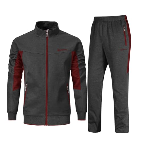 Rdruko Jogginganzug Herren Set Trainingsanzug Sportanzug Langarm Freizeitanzug Männer Tracksuit für Fußball Gym-Dunkelgrau Weinrot XL