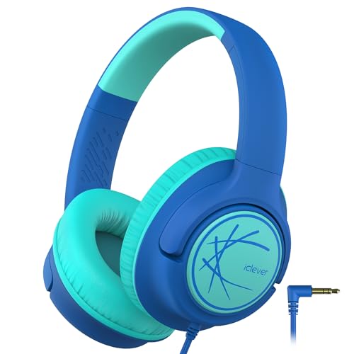 iClever Kopfhörer Kinder, Kinder Kopfhörer mit Kabel 85dBA Sichere Lautstärke, Stereo Sound, Over Ear Faltbare 3.5 mm Jack Kinder Kopfhörer für iPad, Tablets, Schule, Reisen, Blau