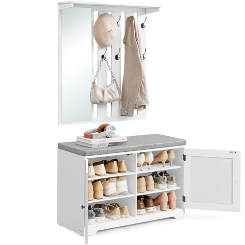VASAGLE Schuhbank Wandgarderobe Set, Garderobe mit Spiegel, 8 Doppelhaken, Schuhschrank mit verstellbaren Ablagen, Doppeltüren, Sitzbank, Sitzpolster abnehmbar, 81 cm breit, wolkenweiß LSC010W01