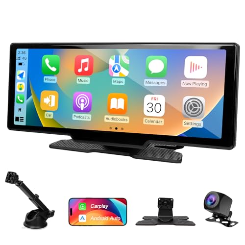 10,26 Zoll Car Play Display - Wireless Android Auto-anzeige Carplay Display mit Navigation 4K Dashcam 1080P Rückfahrkamera IPS Touchscreen Bluetooth Mirror Link Split Screen FM Radio/AUX 64G TF