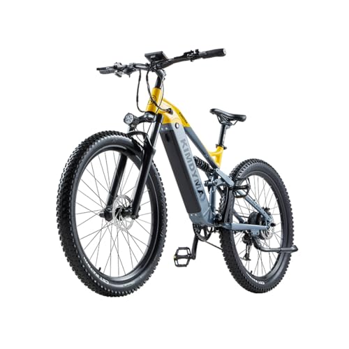 KIMDYMA K1 EBike E-MTB mit Doppelfederung 27,5 Zoll | 48V 20Ah Akku 160 km Reichweite | 80Nm Motor, 9-Gang & 27,5×2,8 Bereifung | Unisex Stadttrail Geländetauglich (gelblich-grau)