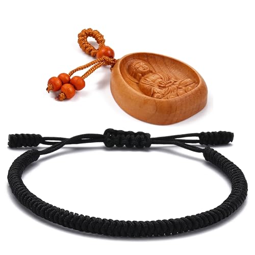 LUCKY BUDDHIST Tibetisches Glücksarmband – Buddhistisches Armband für Herren und Damen, verstellbares geflochtenes Armband mit Buddha Schlüsselanhänger aus Holz