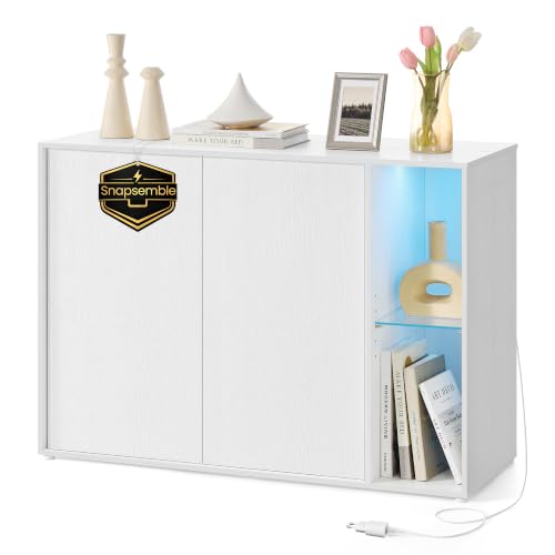 SONGMICS HOME Sideboard, superschnelle werkzeuglose Montage, Toolless-Technologie, Aufbewahrungsschrank Wohnzimmer, TV-Schrank mit LED-Beleuchtung, verstellbare Ablagen, Modern, schneeweiß BBK372W01