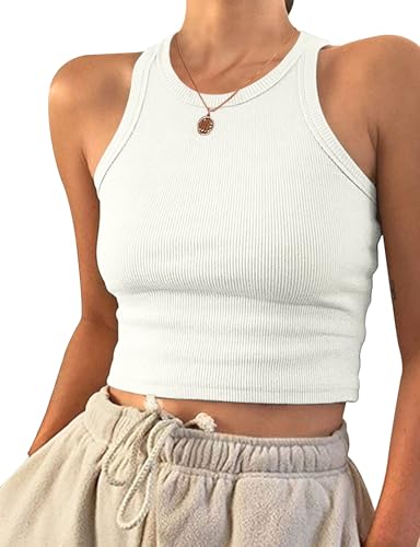 PLOKNRD Damen Crop Tops Rundhals Tank Top Sommer Ärmellos Bauchfrei Oberteil Weiß M