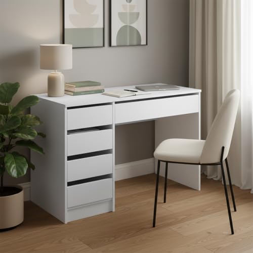 Bellamio Nore Schreibtisch in Weiß mit 5 Schubladen - Jugendschreibtisch 75x53x110 cm - Schminktisch & Schreibtisch Kombi - Computertisch mit Schubladen beidseitig montierbar – Bürotisch mit Stauraum