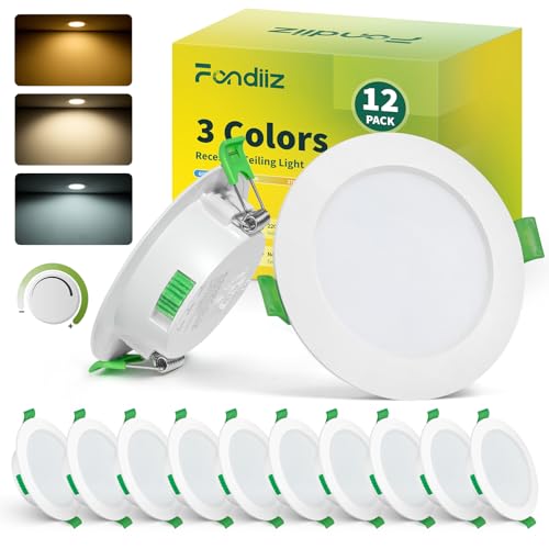 Fondiiz LED Einbaustrahler 230V Dimmbar, 12er Set LED Spots 68mm Lochmaß, 5W Deckenspots Flach Warmweiß 2700K Neutralweiß 4000K Kaltweiß 6000K, IP44 Spots Deckenleuchte für Badezimmer Küche, Weiß