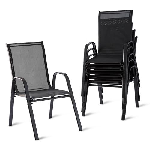 Relaxdays Gartenstühle, 6er Set, Hochlehner, Armlehnen, stapelbar, bis 150 kg, Polyester, Metall, Stapelstuhl, anthrazit