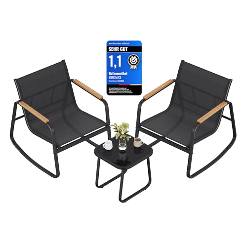 SONGMICS Gartenmöbel-Set, Balkonmöbel, 2 Schaukelstühle mit Tisch, Stahl, Terrassenmöbel, mit Armlehnen, atmungsaktives Kunstfasergewebe, Terrasse, Garten, tintenschwarz GGF0027B01
