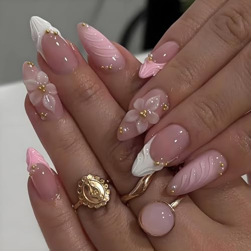 24 Stk Rosa Nägel zum Aufkleben, Mandel Press on Nails French mit 3D-Blume Design für Frauen, Mädchen, Anfänger für Hochzeit, Party, Alltag (Mittel)