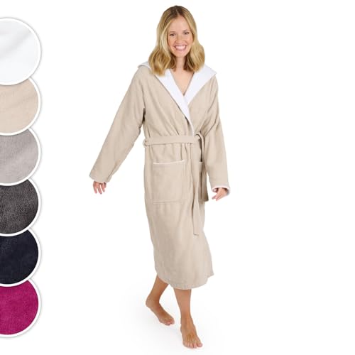 Blumtal Bademantel Damen Frottee in M aus 100% Baumwolle - OEKO-TEX zert. Sauna Bademantel Damen Baumwolle aus Velour & Frottier- extra saugstarke Bathrobe Women - Morgenmantel Kapuze- Taupe/Weiß