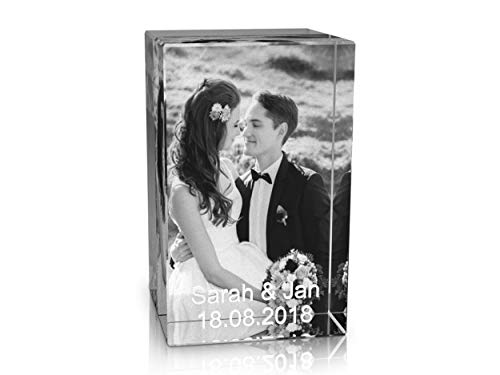 VIP-LASER 2D Gravur Glas Kristall Quader im Hochformat XL mit dem Foto Deiner Hochzeit/Hochzeitsfoto. Dein Wunschfoto für die Ewigkeit Mitten in Glas! Groesse XL = 80x50x50mm
