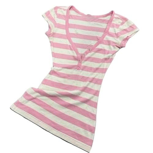 ORANDESIGNE Tshirt Damen Emo Grunge Tops Sommer Gestreiftes Vintage Oberteile Basic Bluse Kurzarm Tee Top Y2K Clothes Streetwear C Rosa XS