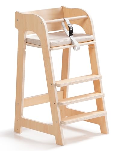 ROBUD Multifunktionaler Holzhochstuhl für Kinder ab 6 Monaten, bis zu 40 kg, Babyhochstuhl mit abnehmbarem Sitzkissen und Sicherheitsgurt, Kleinkindstuhl mit Fußstütze und verstellbarer Sitzhöhe