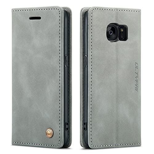 QLTYPRI Hülle für Samsung Galaxy S7 Edge, Vintage Dünne Handyhülle mit Kartenfach Geld Slot Ständer PU Ledertasche TPU Bumper Flip Schutzhülle Kompatibel mit Samsung Galaxy S7 Edge - Grau