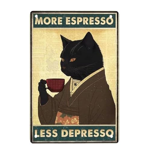 KAIYAYA Katze Metall Zinn Schild,Vintage Poster Witziges Schwarze Katze Coffee Retro Plaqu Poster Wall art Print Dekoration 30X20 CM Zoll für Home Bar Bad tür Shop Küchendeko Geburtstag Junge Poster