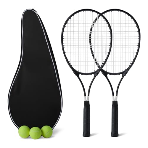 Amazon Basics Tennisschläger-Set, 2 Schläger 68,5cm, 3 Bälle, 2 Übergriffbänder, Leicht, für Erwachsene Anfänger, Schwarz