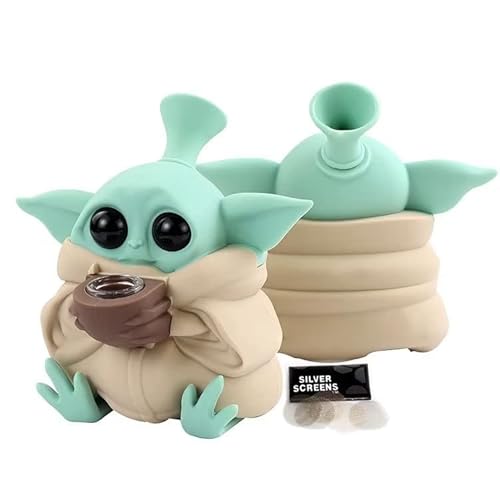 Yoda Bong Silikon Bong Mini Kunststoff Bongs mit Räucherbong Perkolator, 14,5 mm Wasserpfeifenkopf 12 cm Wasserbong mit Aufbewahrungstopf Geruchssicherer Behälter Wasserpfeife Bong Acryl Wasserbong1P