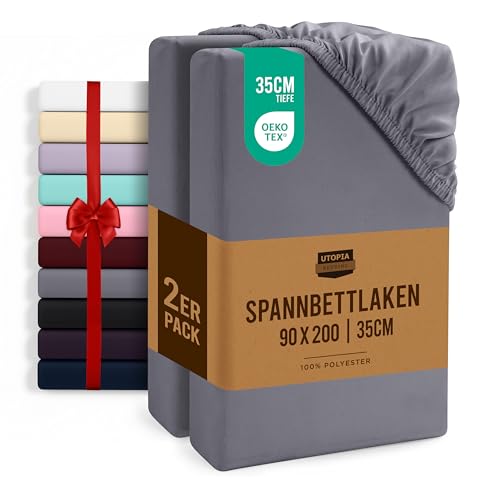 Utopia Bedding - 2er Set Spannbettlaken 90x200cm - Grau - Gebürstete Mikrofaser Spannbetttuch - 35 cm Tiefe Tasche