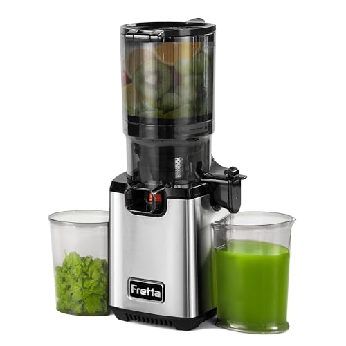 Fretta Entsafter Slow Juicer, Edelstahl Entsafter Gemüse und Obst Testsieger, 135MM Öffnung & 1,8L Juicer Machine mit Umkehrfunktion, Einfache Installation, Leicht zu Reinigen, 100% BPA Frei, 250W